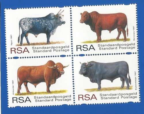 RSA-1997-MNH-SACC1056-1059-Setenant Block of 4-South African Indigenous Cattle-Thematic-Fauna-Cattle