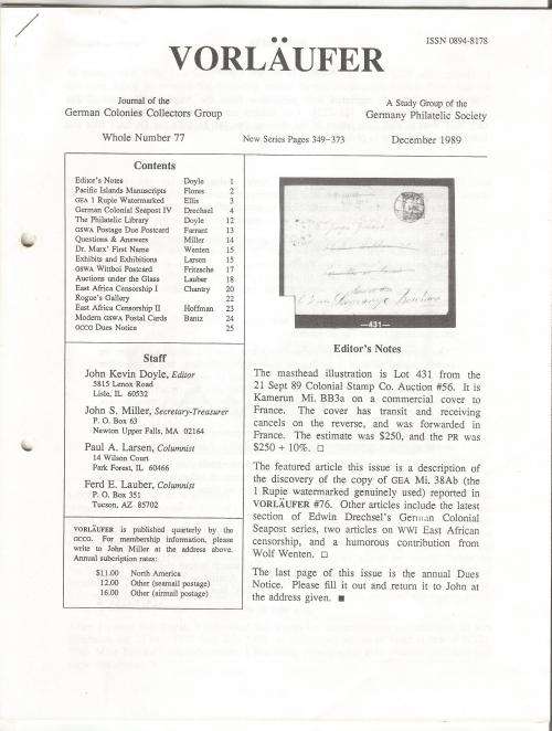 VORLAUFER Journal/Magazine-German Colonies Collectors Group-December 1989-Pg77.1-77.24