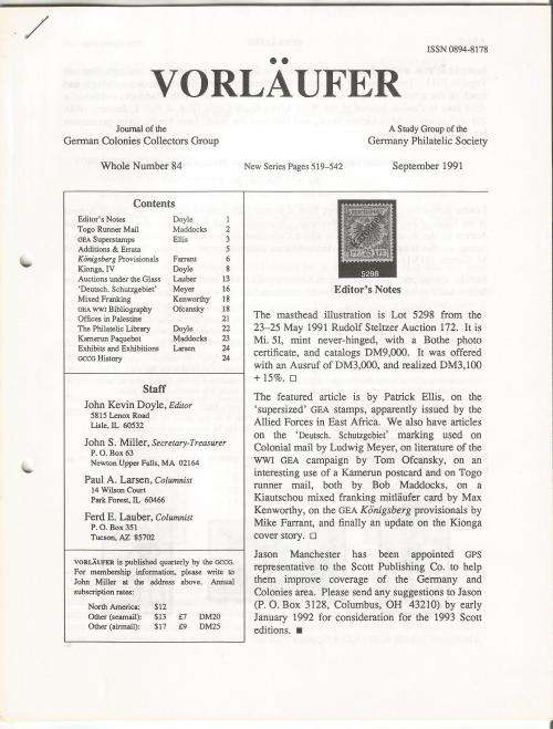 VORLAUFER Journal/Magazine-German Colonies Collectors Group-September 1991-Pg84.1-84.24