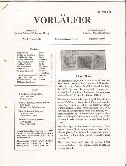 VORLAUFER Journal/Magazine-German Colonies Collectors Group-December 1991-Pg85.1-85.24