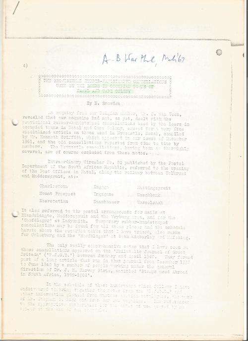 Reference Material-Philately-Anglo Boer War-Rubber HandStamped Cancellations-7xPages-ENG-Photocopies