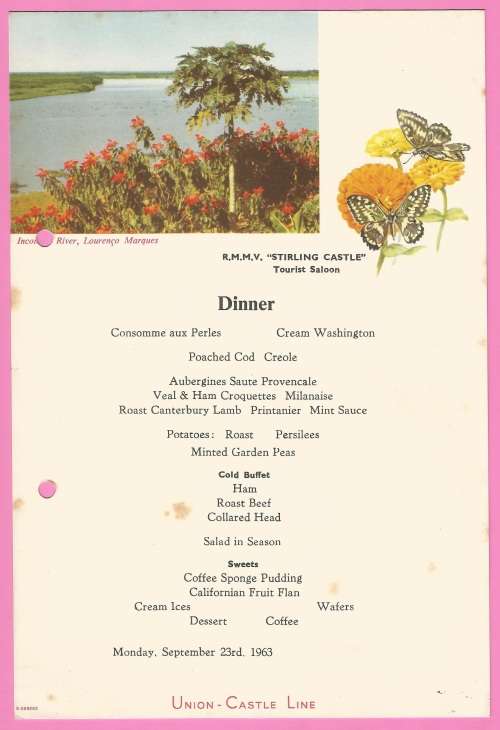 Vintage-Menu-1963-Union Castle Line-R.M.M.V. Stirling Castle-Dinner