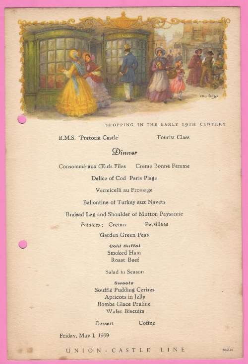Vintage-Menu-1959-Union Castle Line-R.M.S. Pretoria Castle-Dinner