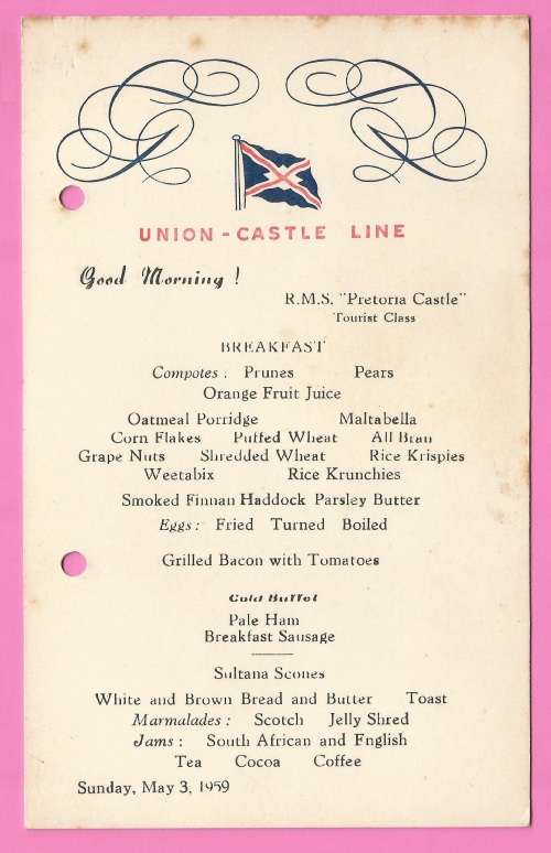 Vintage-Menu- Sunday May 3-1959-Union Castle Line-R.M.S. Pretoria Castle-Toning Noted