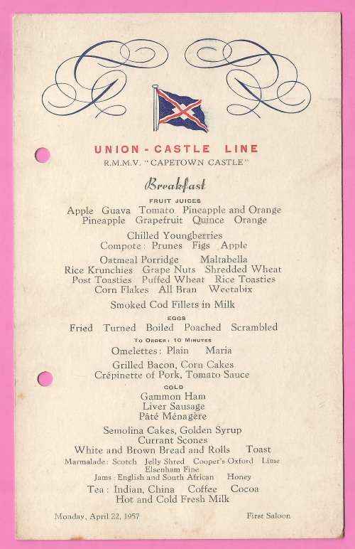 Vintage-Menu-Monday April 22-1957-Union Castle Line-R.M.M.V. CapeTown Castle-Toning Noted
