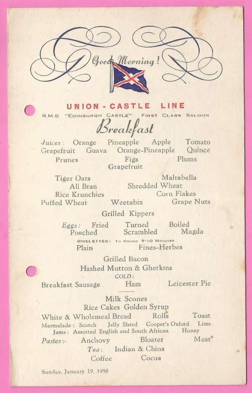 Vintage-Menu-Sunday January 19-1958-Union Castle Line-R.M.S. Edinburgh Castle-Toning Noted