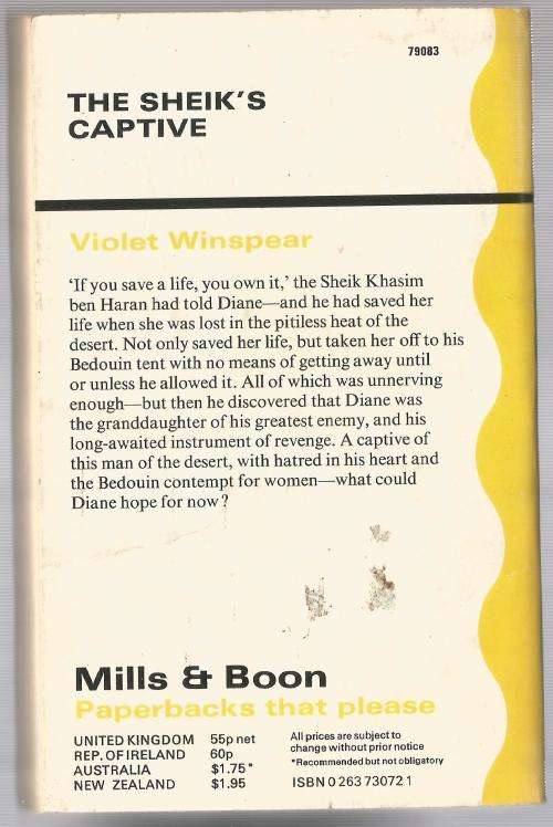Book-The Sheik`s Captive-Violet Winspear-1979-192-page Book-Fair Condition-Soft-Cover