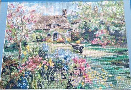 Framed Handmade Tapestry of a cottage and a Garden-Wall Decor