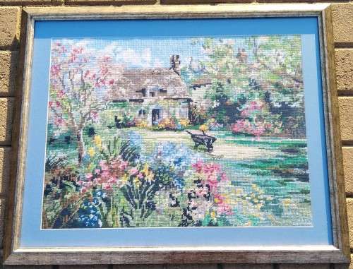 Framed Handmade Tapestry of a cottage and a Garden-Wall Decor