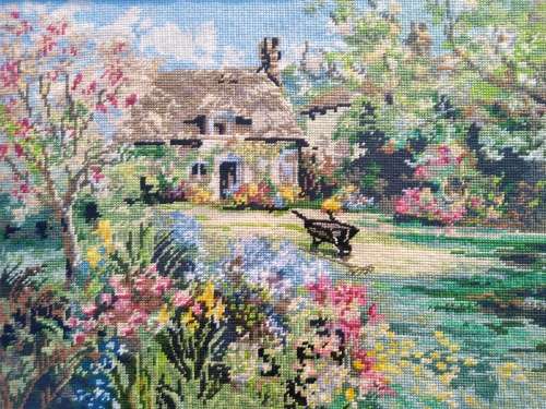 Framed Handmade Tapestry of a cottage and a Garden-Wall Decor