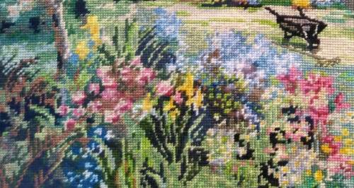 Framed Handmade Tapestry of a cottage and a Garden-Wall Decor