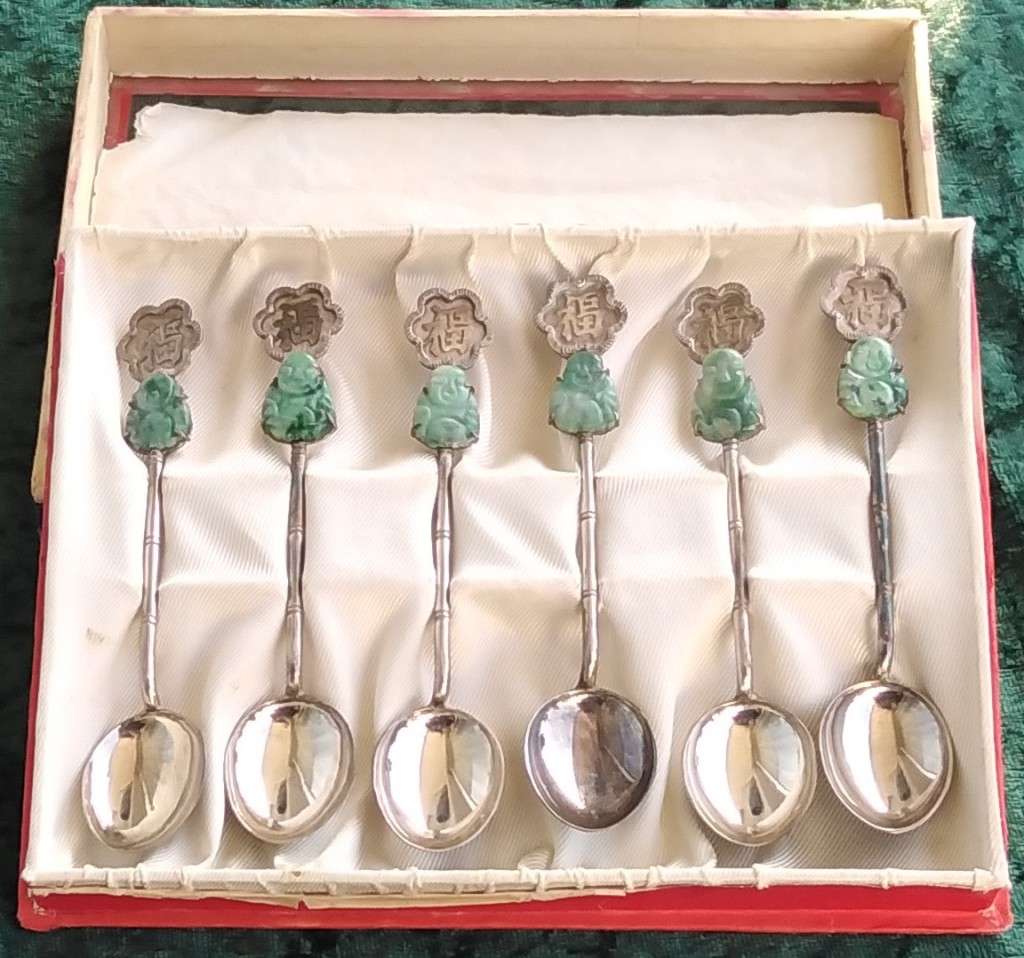 Jade Buddha teaspoons. Chinese Silver No grade markings`Long Life`