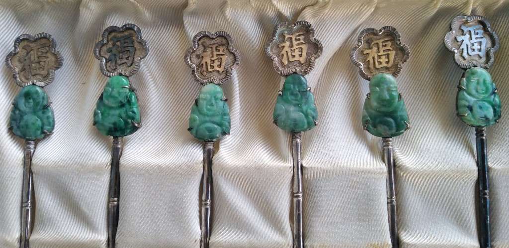 Jade Buddha teaspoons. Chinese Silver No grade markings`Long Life`