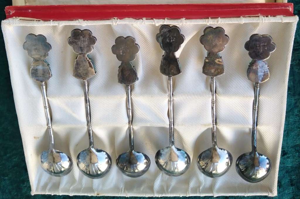Jade Buddha teaspoons. Chinese Silver No grade markings`Long Life`