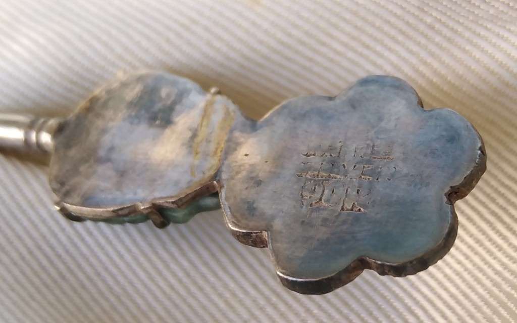 Jade Buddha teaspoons. Chinese Silver No grade markings`Long Life`