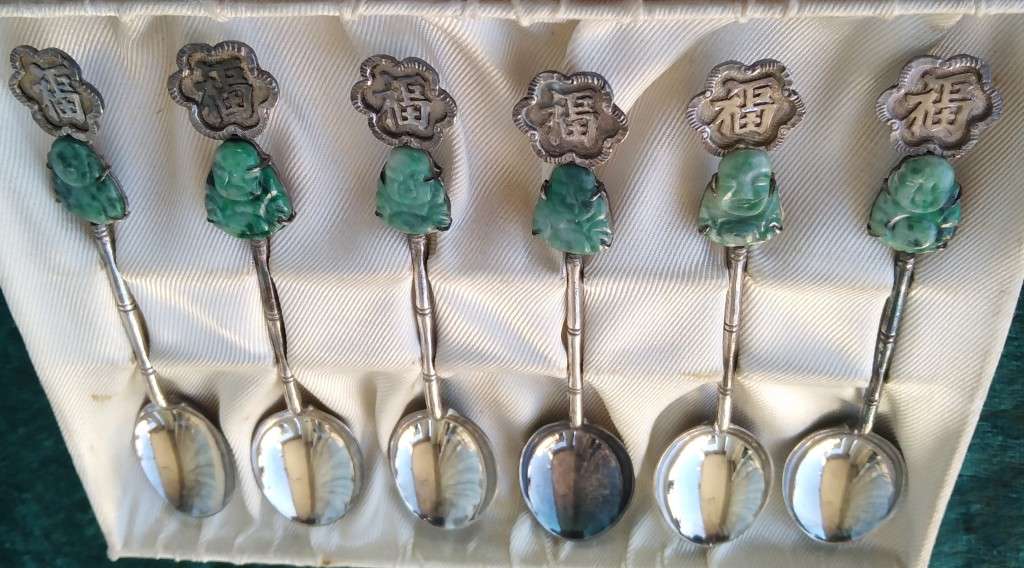 Jade Buddha teaspoons. Chinese Silver No grade markings`Long Life`