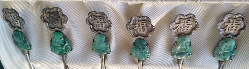 Jade Buddha teaspoons. Chinese Silver No grade markings`Long Life`