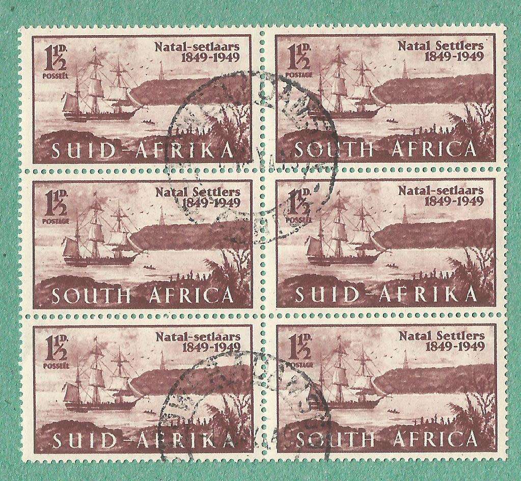 1949-Union of South Africa-Centenary of Arrival of British Settlers in Natal. Spots on top 4 stamps