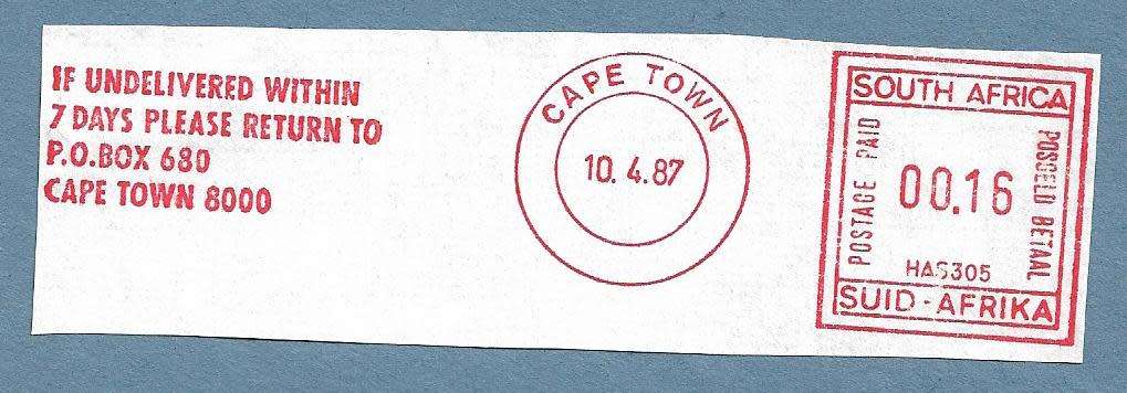 1987-Cape Town Cancel/Postmark/Post Mark