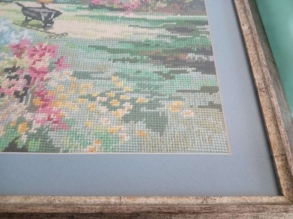 Framed Handmade Tapestry of a cottage and a Garden-Wall Decor