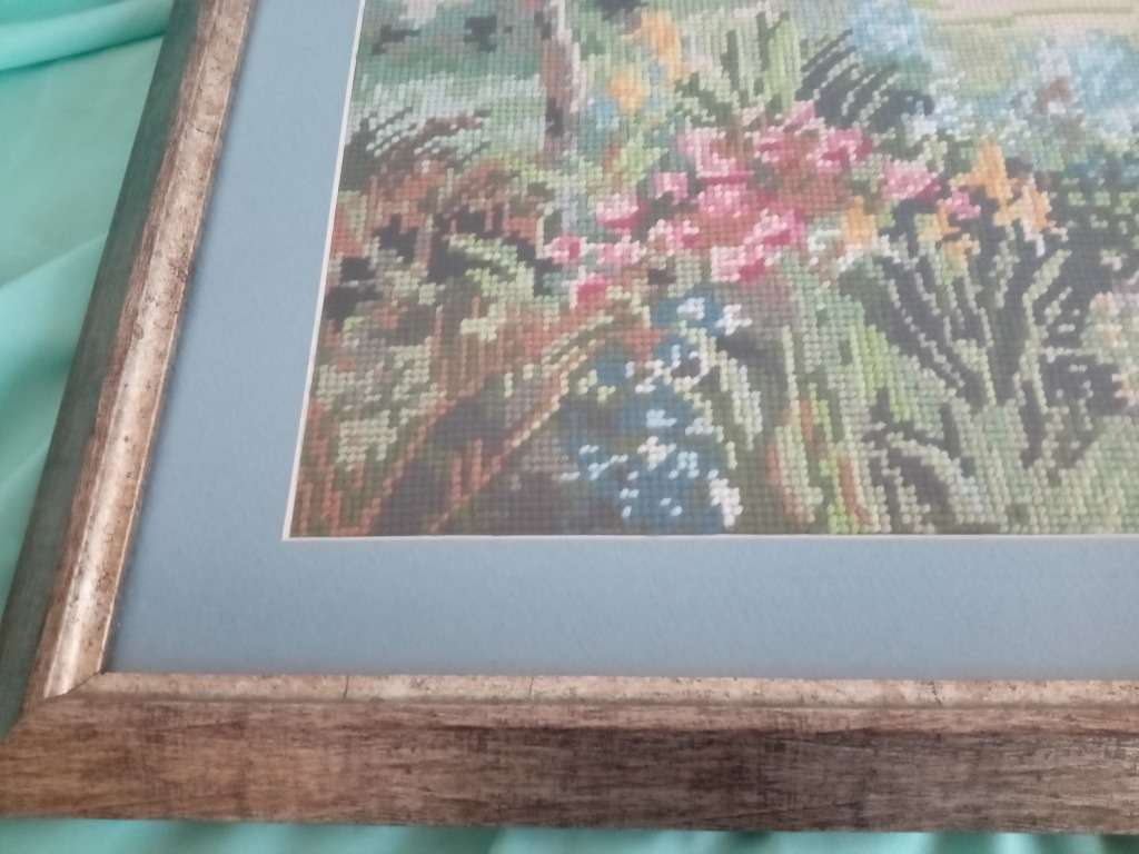 Framed Handmade Tapestry of a cottage and a Garden-Wall Decor