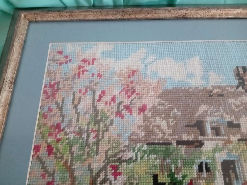 Framed Handmade Tapestry of a cottage and a Garden-Wall Decor