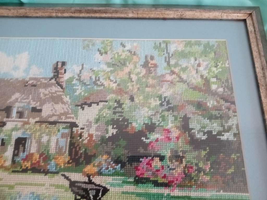 Framed Handmade Tapestry of a cottage and a Garden-Wall Decor