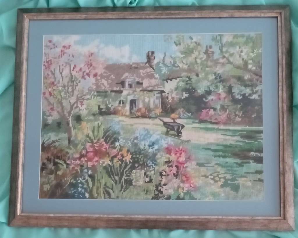 Framed Handmade Tapestry of a cottage and a Garden-Wall Decor