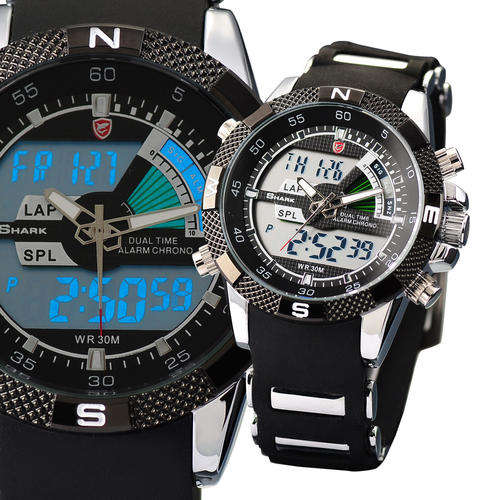 SHARK LCD Digital Black Day Alarm Chronograph Quartz Men Sports Watch + Gift Box