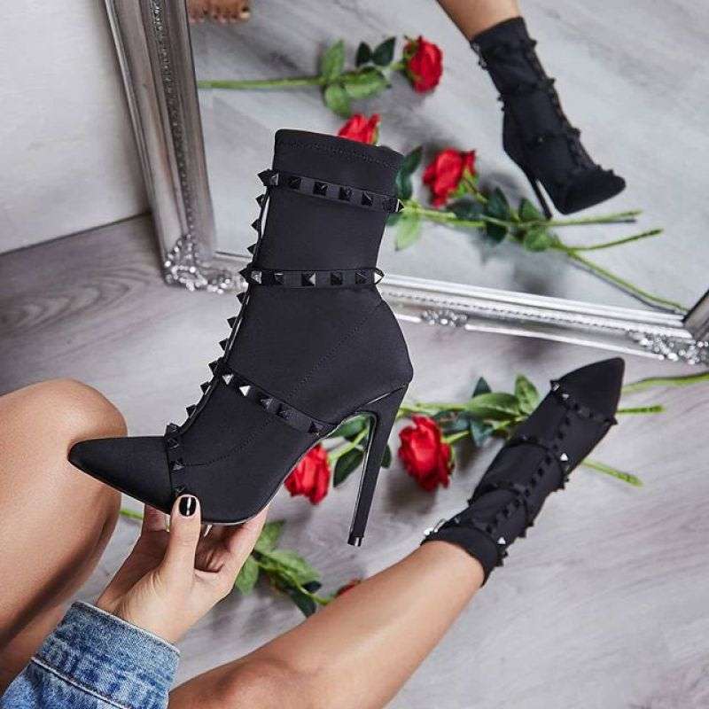 Europe and United States Womans Pointed Belt Nails High Heel Boots