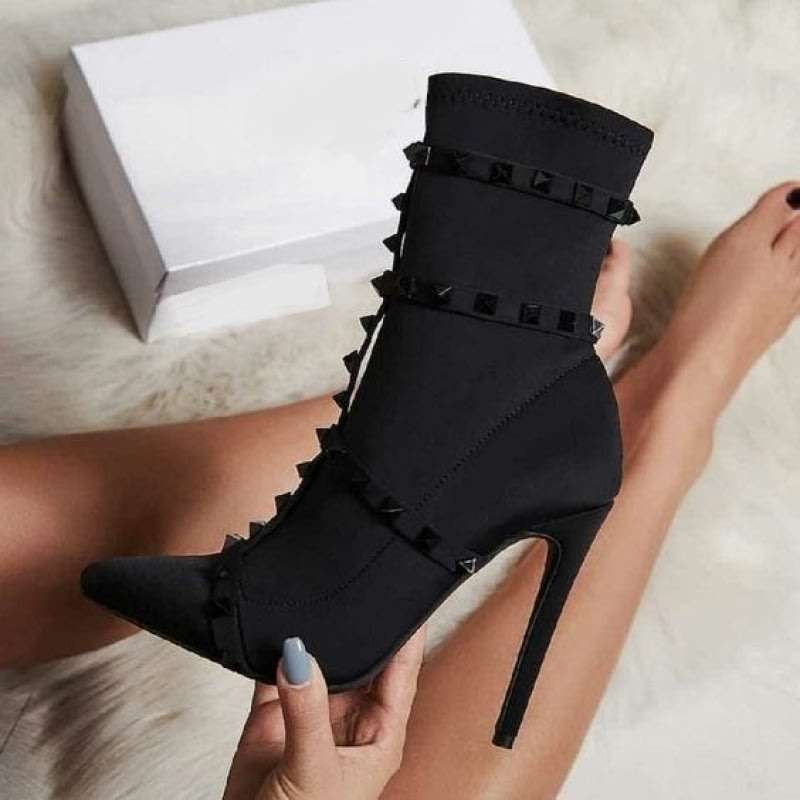 Europe and United States Womans Pointed Belt Nails High Heel Boots