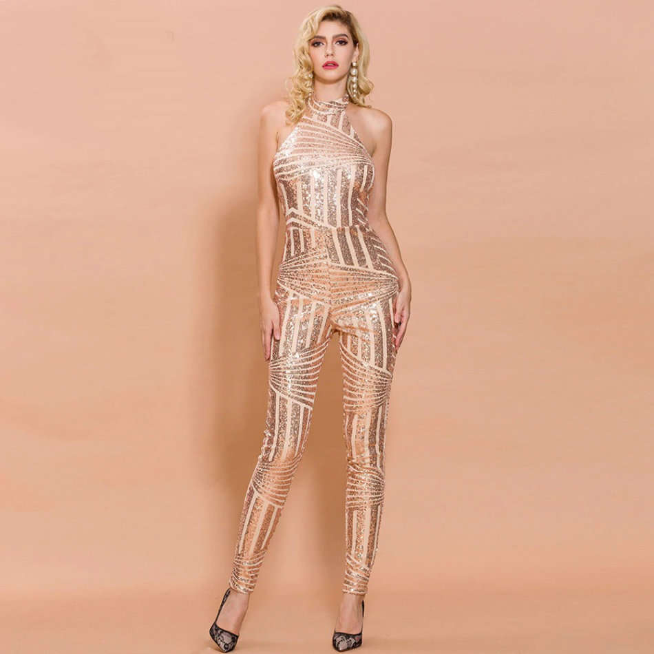 Elegant Off Shoulder Sequin Bright Star Backless Jumpsuit