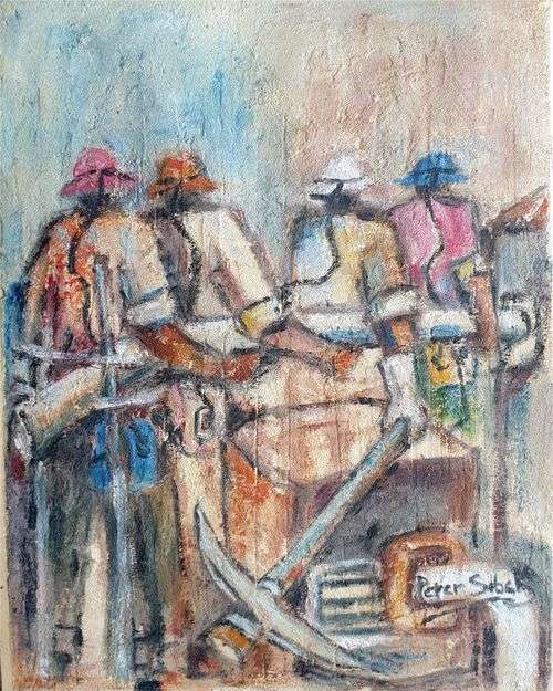 `THE MINERS` by PETER SIBEKO - Mixed Medium: Oil and Mine Sand - INVESTMENT ART