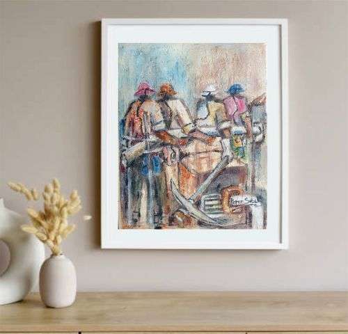 `THE MINERS` by PETER SIBEKO - Mixed Medium: Oil and Mine Sand - INVESTMENT ART