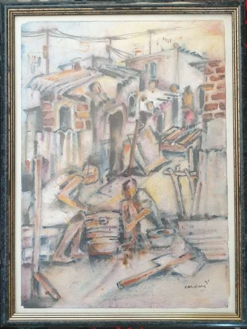 Ephraim Ngatane (1938 - 1971 SA) Township Scene - Watercolour Investment Art