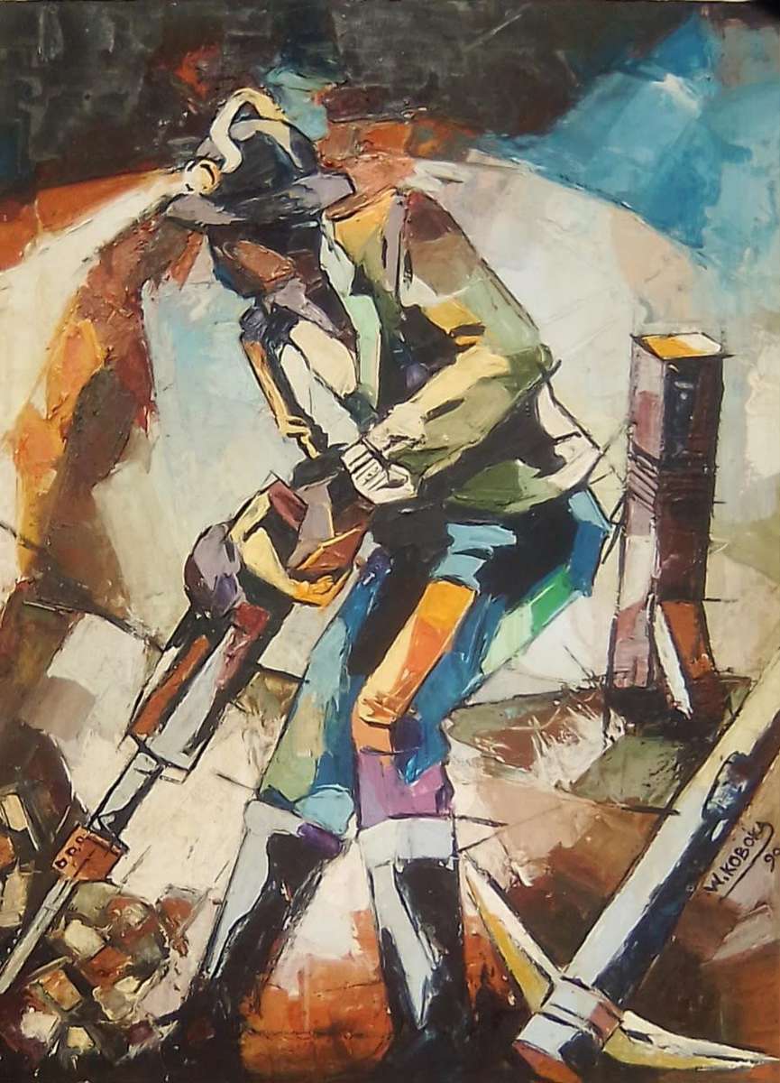 Welcome Mandla Koboka 1941-19944 - South African Artist - pallet knife - `Men at work`