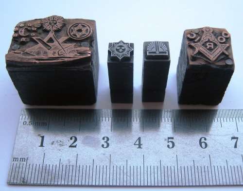 MASONIC PRINTING BLOCKS - COLLECTION OF 4  - IDEAL FOR PRINTERS TRAY-OLD - STEEL AND COPPER ON WOOD.