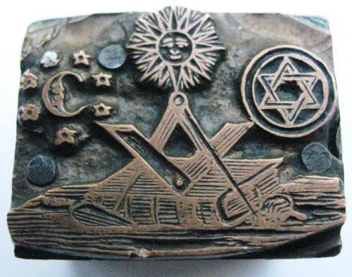 MASONIC PRINTING BLOCKS - COLLECTION OF 4  - IDEAL FOR PRINTERS TRAY-OLD - STEEL AND COPPER ON WOOD.
