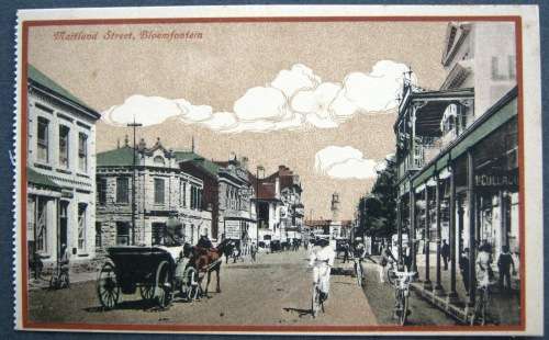 BLOEMFONTEIN - MAITLAND STREET - BICYCLES - HORSE AND CART - VINTAGE 'ART' POSTCARD.
