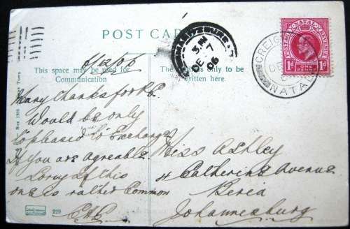 POSTAL HISTORY - PIETERMARITZBURG 1906  POSTCARD WITH CREIGHTON POSTMARK