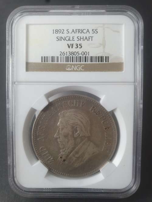 1892 ZAR NGC VF 35 KRUGER 5 SHILLING SINGLE SHAFT CROWN ********* NO RESERVE **********