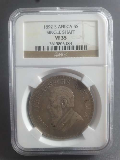 1892 ZAR NGC VF 35 KRUGER 5 SHILLING SINGLE SHAFT CROWN ********* NO RESERVE **********