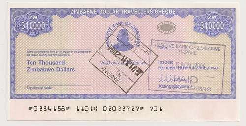 Zimbabwe Travelers cheque ...$10000 UNC condition