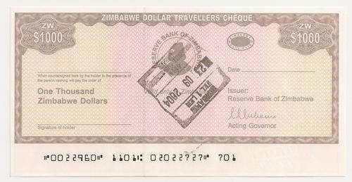 Zimbabwe Travelers cheque $1000 UNC condition (cancelled)