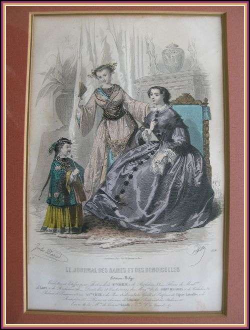 Antique etching fashion print from 1870's - framed.