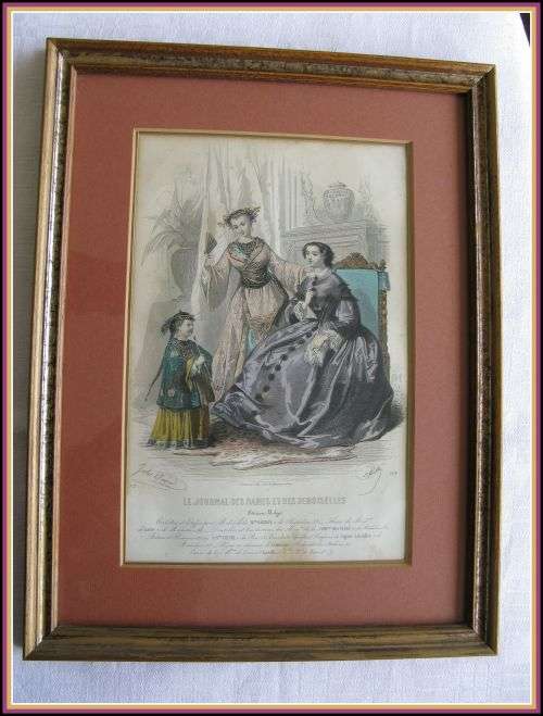 Antique etching fashion print from 1870's - framed.