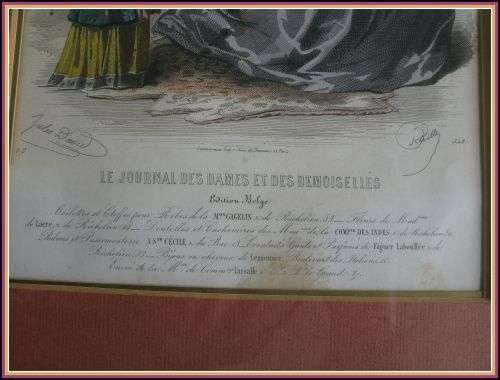 Antique etching fashion print from 1870's - framed.