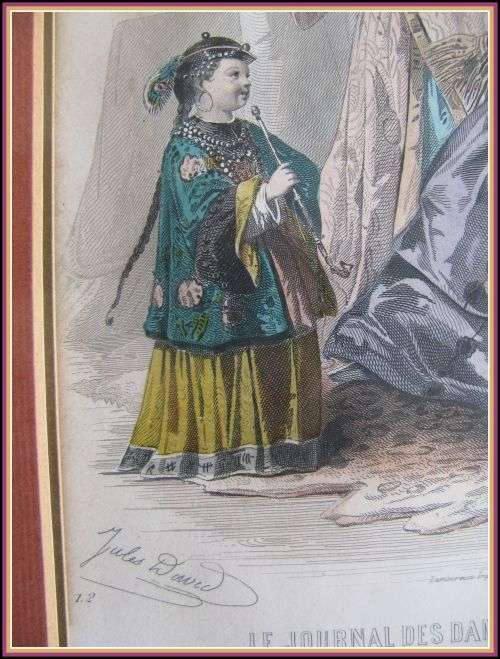Antique etching fashion print from 1870's - framed.