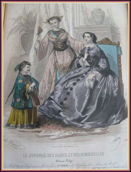 Antique etching fashion print from 1870's - framed.