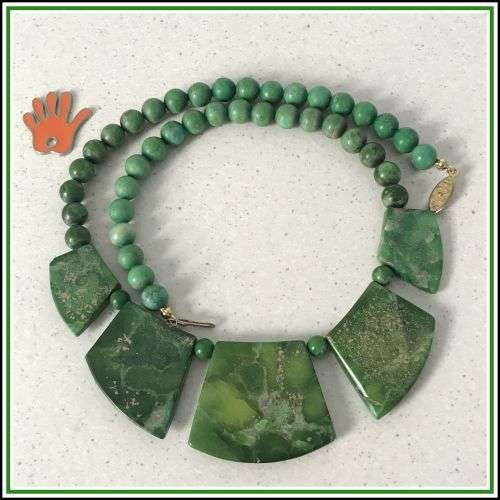 An unusual green stone necklace.